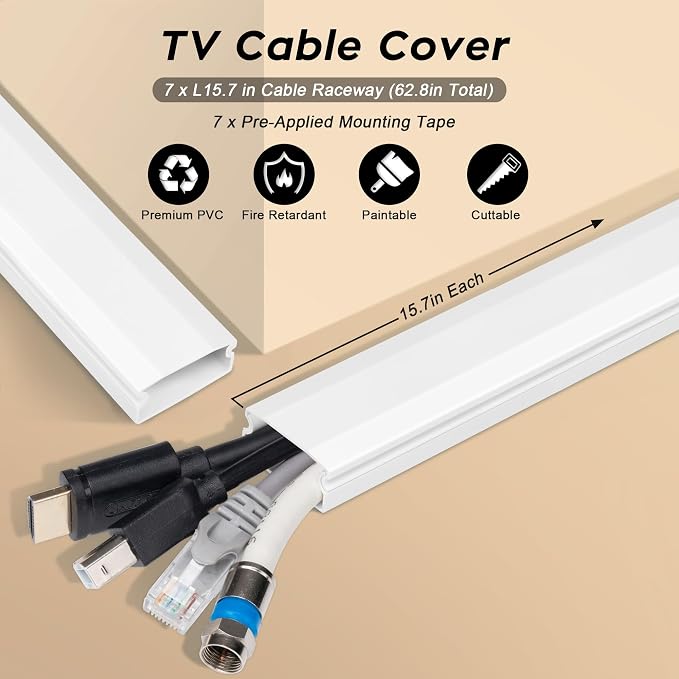 110in Cord Covers for Wires on Wall Kit, Simple Setup Wire Hider | Large Cord - Image 3