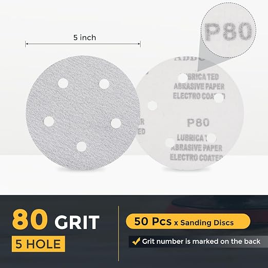 HARFINGTON 50 Pcs 5 Inch Sanding Disc 5 Hole 80 Grit White Aluminum Oxide | - Image 2