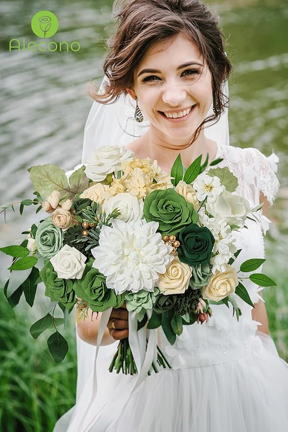 Alecono Green Pink Artificial Flowers, Silk Fake Roses Floral Set | - Image 7