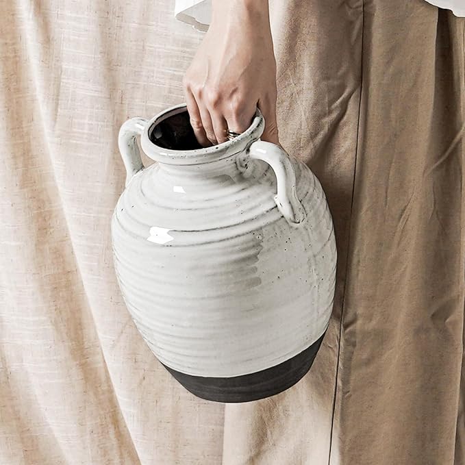 White Ceramic Vase with 2 Handles, 9.5 Inch, Farmhouse Rustic, Aurora White | by LETAUCIGARDEN