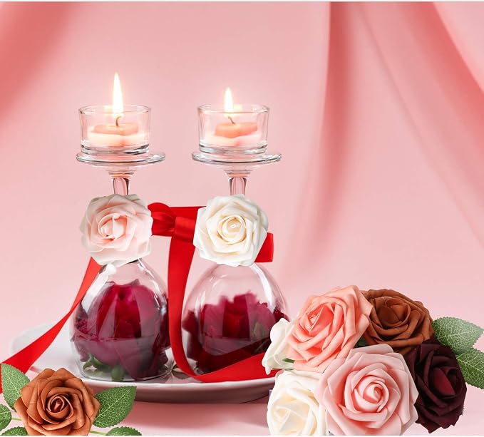 AmyHomie Burgundy Shades Rose 25pcs Real Looking Artificial Flowers w/Stem | - Image 6