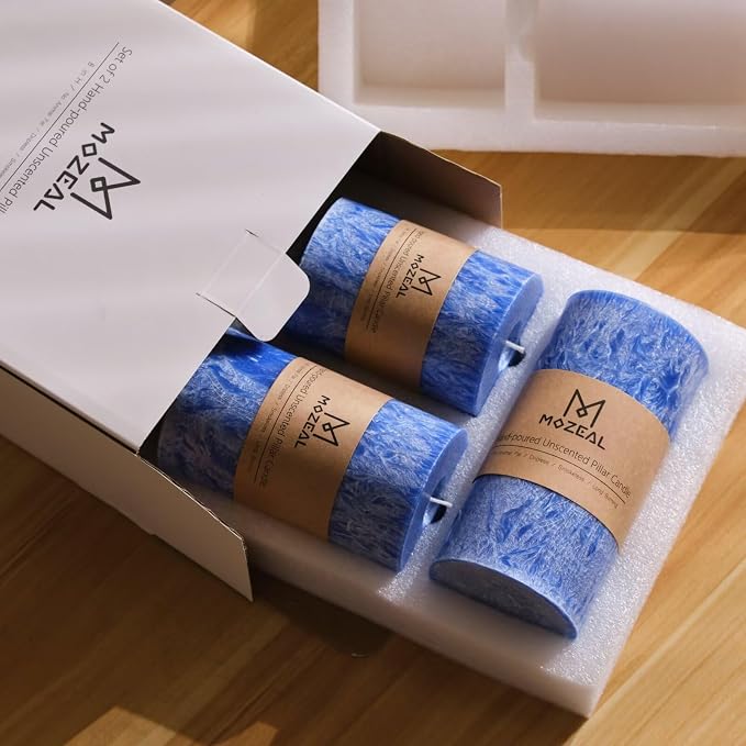 MOZEAL Hand-Poured, Unscented Blue Crystal Pillar Decorative Candles, Elegant - Image 6