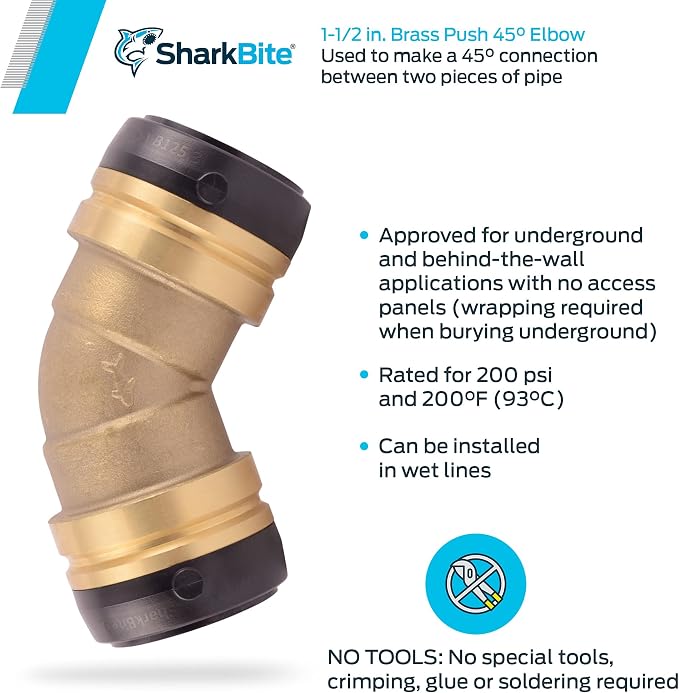 SharkBite 1-1/2 Inch 45 Degree Elbow, Push to Connect Brass Plumbing Fitting - Image 3