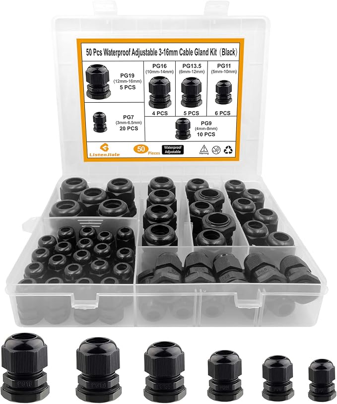Cable Gland Waterproof, LISTENJIALE 50 pcs Adjustable 3-16mm Waterproof Cable by LISTENJIALE