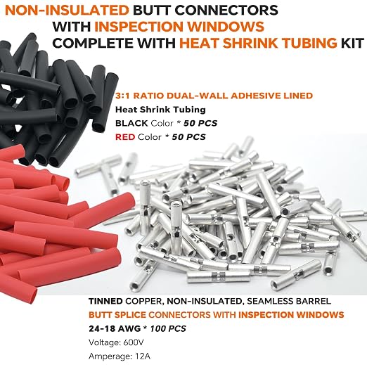 24-18 AWG Wire Splice Kit – 100pcs 24-18 Gauge Tinned Copper Non-Insulated Butt - Image 2
