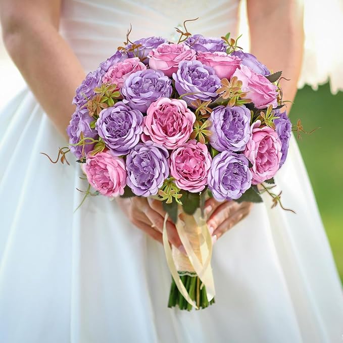2 Packs Peonies Artificial Flowers, Dark Purple Silk Artificial Peonies | Fake - Image 5