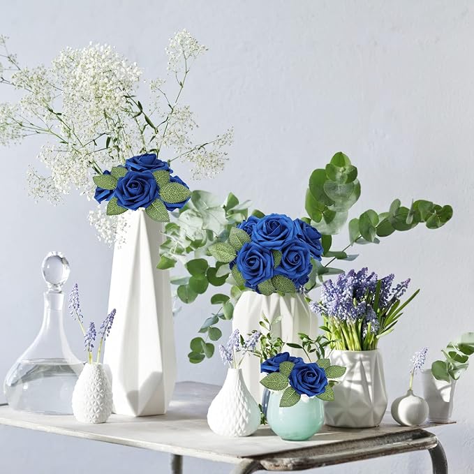AmyHomie Royal Blue Rose 25pcs Real Looking Artificial Flowers w/Stem | Bouquet - Image 3
