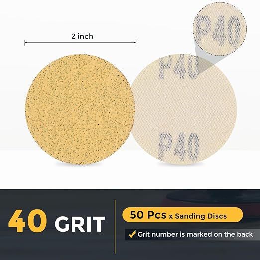 HARFINGTON 50 Pcs 2 Inch Sanding Discs 40 Grit Yellow Aluminum Oxide | Hook and - Image 2