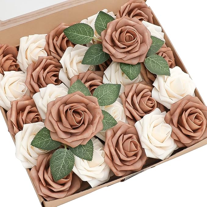 Artificial Flowers 25pcs Real Looking Gold Sparrow & Cream Foam Fake Roses by Floroom