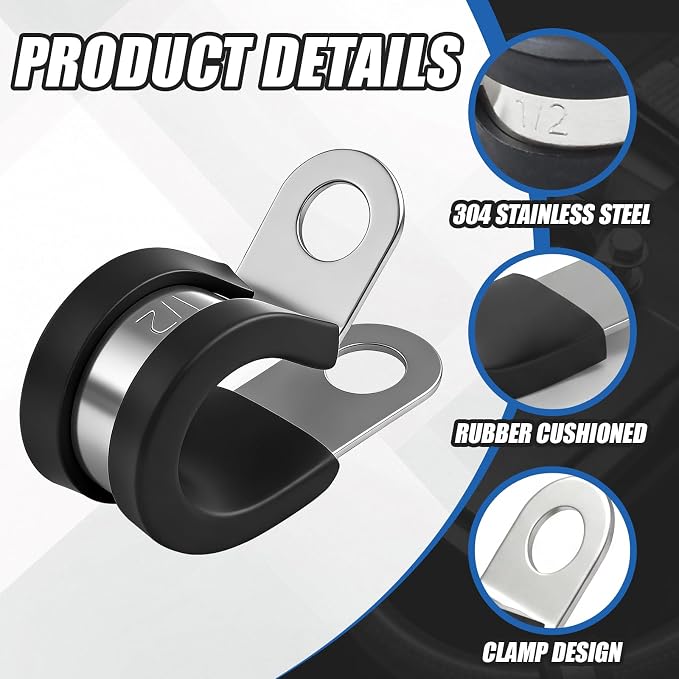 50 Pcs 1/2 Inch Cable Clamps Stainless Steel Pipe Clamps Holder Rubber Coated - Image 3