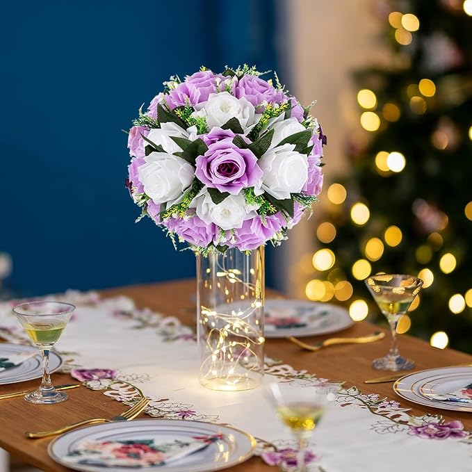 BLOSMON Purple Flowers Ball for Centerpieces: 6 Pcs Fake Lilac White Roses - Image 7