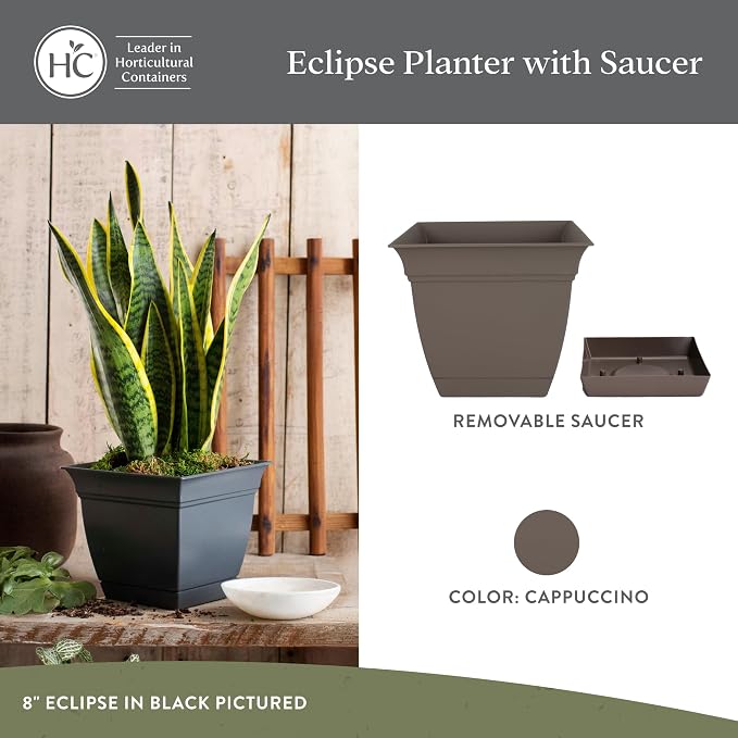 The HC Companies Eclipse Square Planter Pot, 6 Inch, Cappuccino, Attached Saucer - Image 2