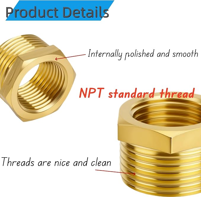 4pcs Brass Reducer Hex Bushing, 3/4" NPT Male to 1/2" NPT Female Heavy Duty - Image 3