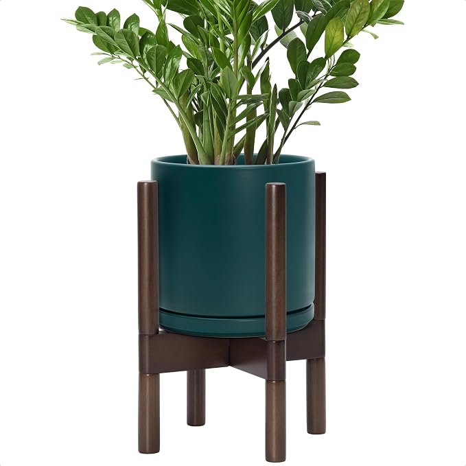 D'vine Dev Ceramic Pot with Walnut Wood Stand, 8 in, 55-B-Y-4 | Mid-Century by DvineDevPlanterPotsandStand