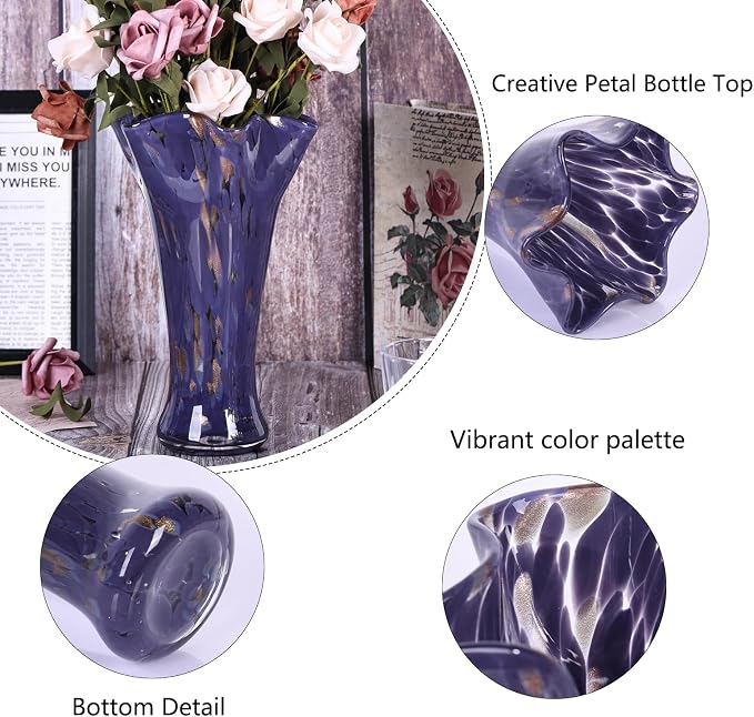9.0" H Purple Glass Vases for Flower, Unique Hand Blown Glass Vase | Wide Mouth - Image 3