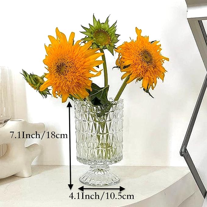 BLOFLO Embossed Glass Vase, Pedestal Big Base Glass Bouquet Vase, Hydroponic - Image 4