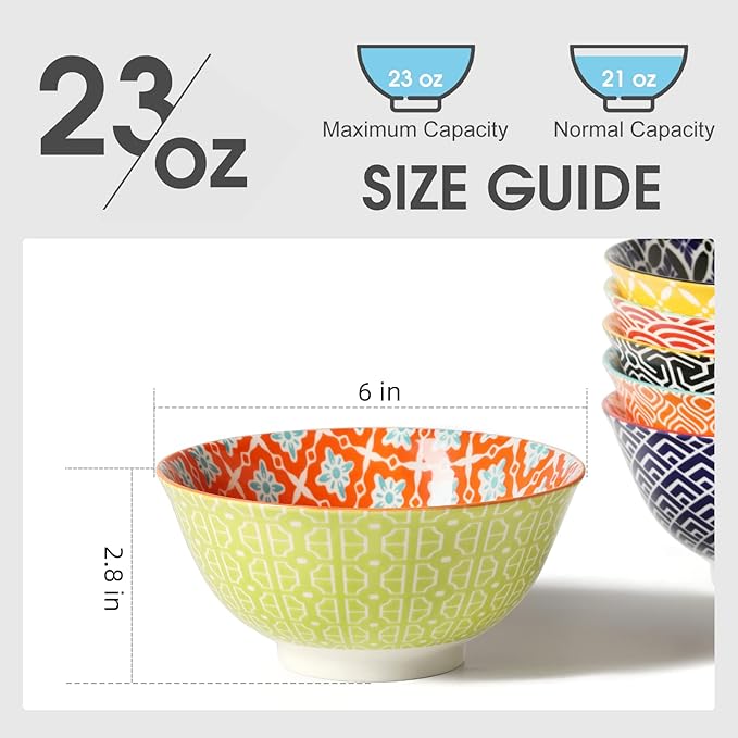Metahom Ceramic Cereal Bowls Set of 6, Colorful Soup Bowls 23 Oz | Kitchen Bowl - Image 5