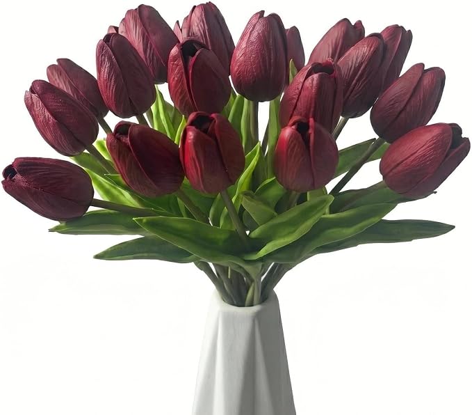 Mandy's 20pcs Artificial Burgundy Tulips | 13.5 Inch Lifelike PU Tulips Faux by Mandys
