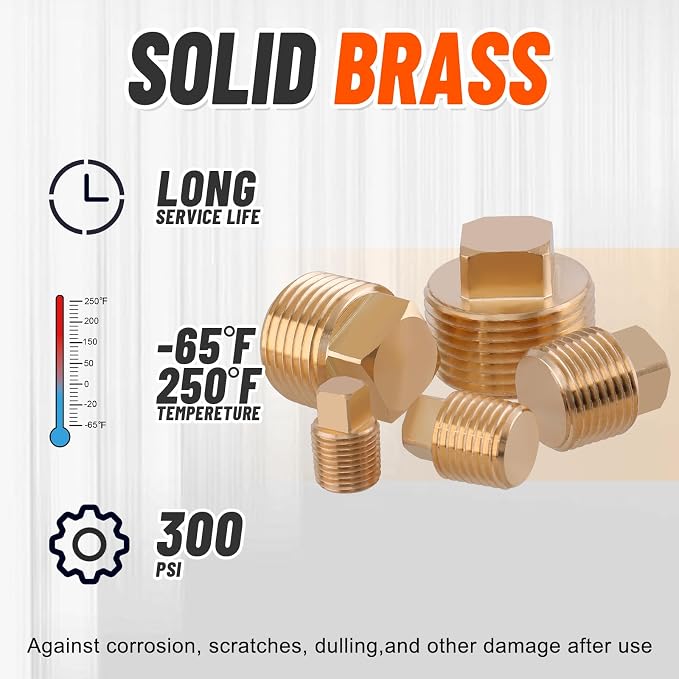 18PCS Brass Pipe Fitting Square Head Plug, 1/8" 1/4" 3/8" 1/2" 3/4" | 1/8 - Image 3