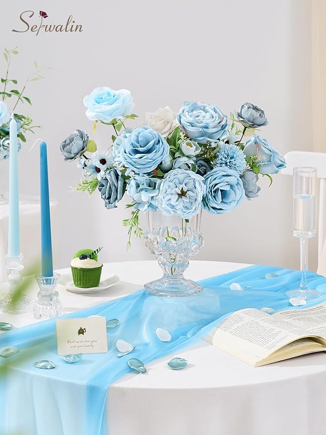 Serwalin Artificial Flowers, Light Blue Silk Fake Flowers - Image 5