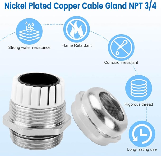 4 Pcs 3/4" NPT Nickel-Plated Copper Cable Gland | IP68 Waterproof, Metal Strain - Image 4