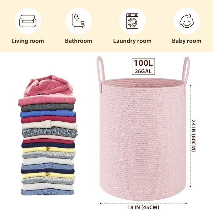 OIAHOMY 100L Nursery Hamper Laundry Basket Laundry Hamper Pink | collapsible - Image 2