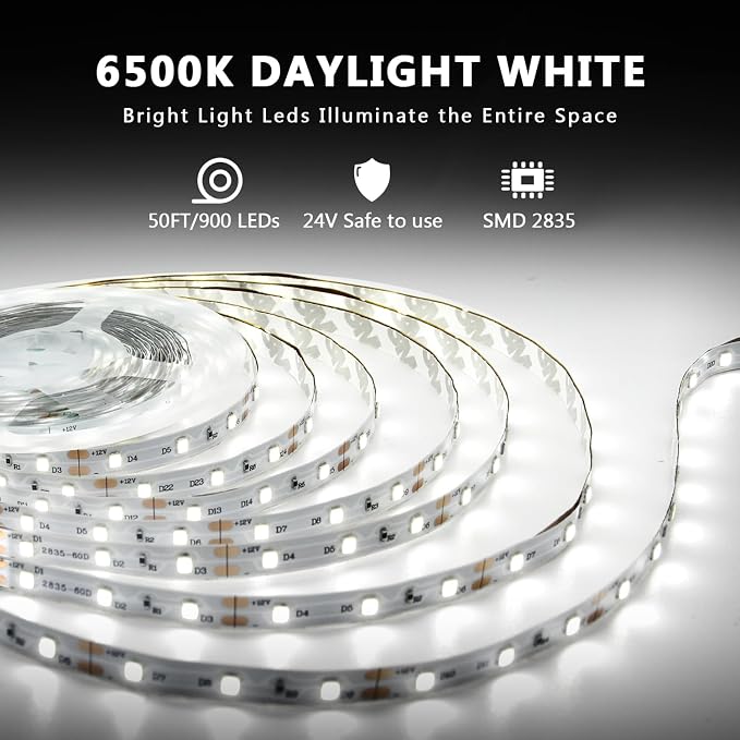dalattin White LED Strip Lights 50ft Dimmable Bright 24V Led Light Strip 6500K - Image 2