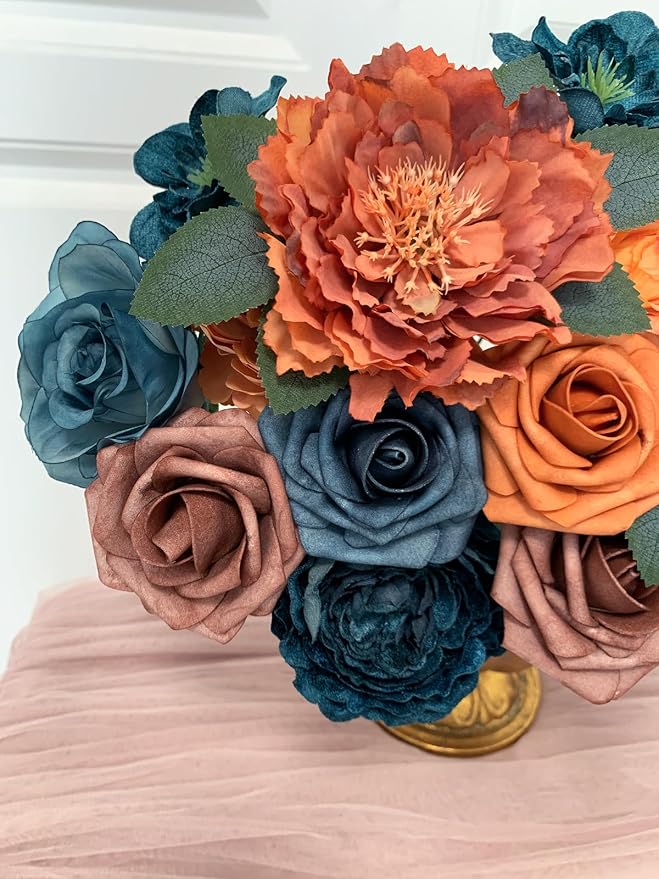 FACINOC Roses Artificial Flowers Teal Orange Bouquet Fall Fake Flower Combo | - Image 8
