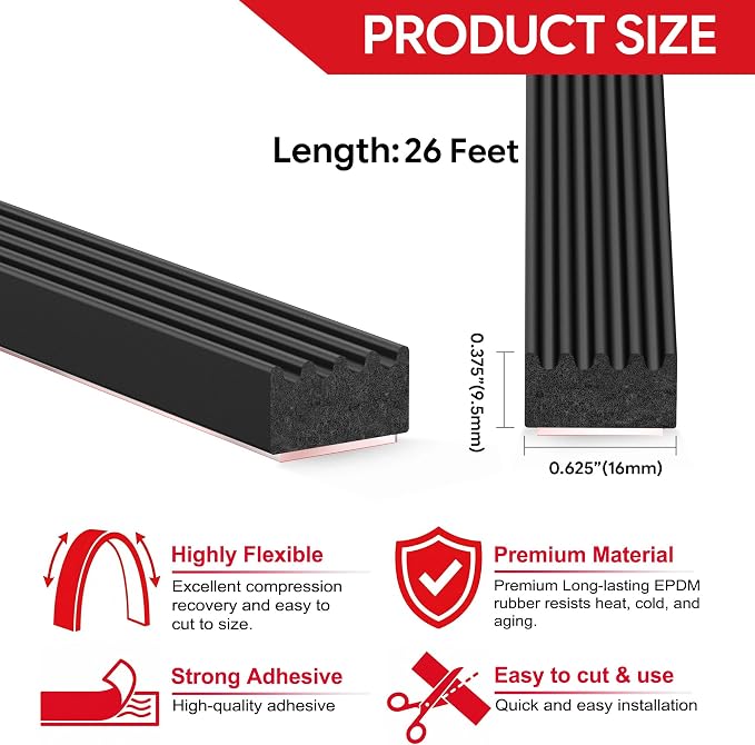 UIOCSSC 26Ft EPDM Rubber Weather Stripping Foam RV Door Seal Self-Adhesive - Image 3