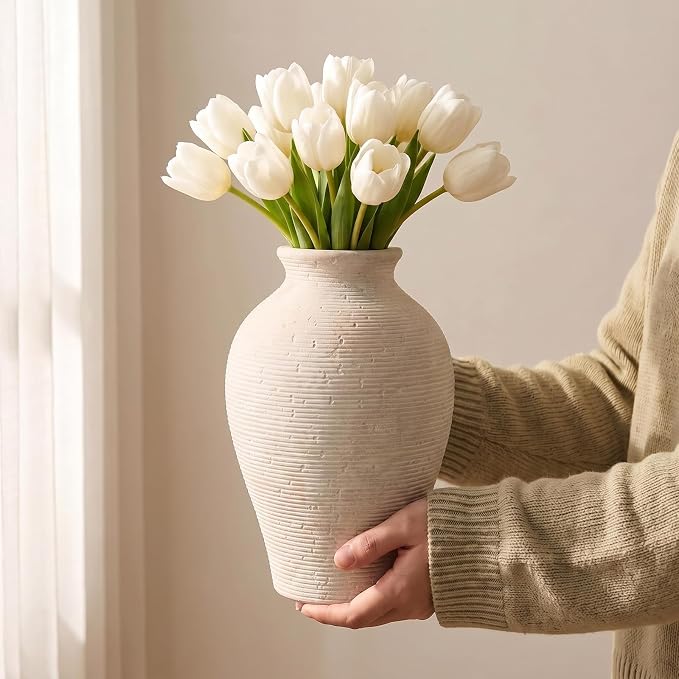 9.06 Inch Tall Vintage Ceramic Flower Vase, Rustic Farmhouse Vase - Image 3