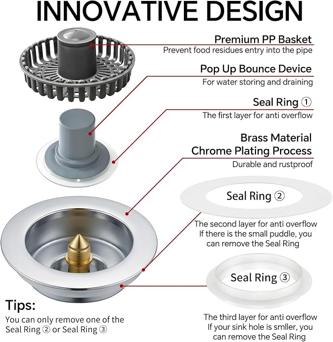 Kitchen Sink Stopper, 3 in 1 Pop Up Kitchen Sink Drain Strainer, - Image 8