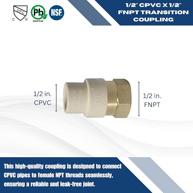2 Pack XFITTING 1/2" CPVC x 1/2" FNPT Transition Coupling, 1/2 Female CPVC - Image 7
