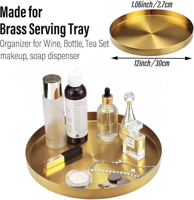 FREELOVE 12 Inch Brushed Gold Round Tray, Stainless Steel Brass Decorative Tray - Image 2