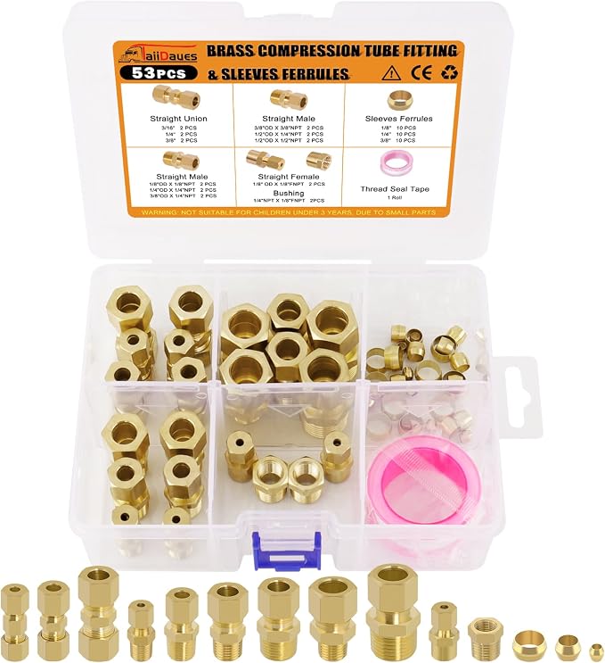 53 Pcs Brass Compression Fittings Assortment Kit, 1/8" 3/16" 1/4" 3/8" 1/2" OD - Image 8