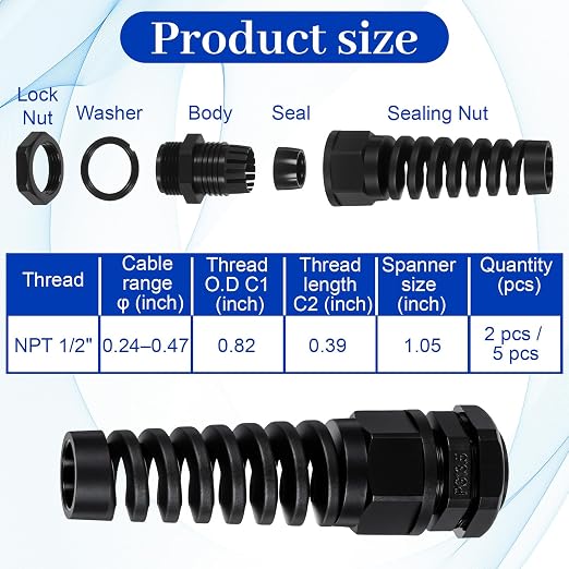4-Pack NPT 1/2" Waterproof Cable Glands | Adjustable 6-12mm Spiral Strain - Image 2