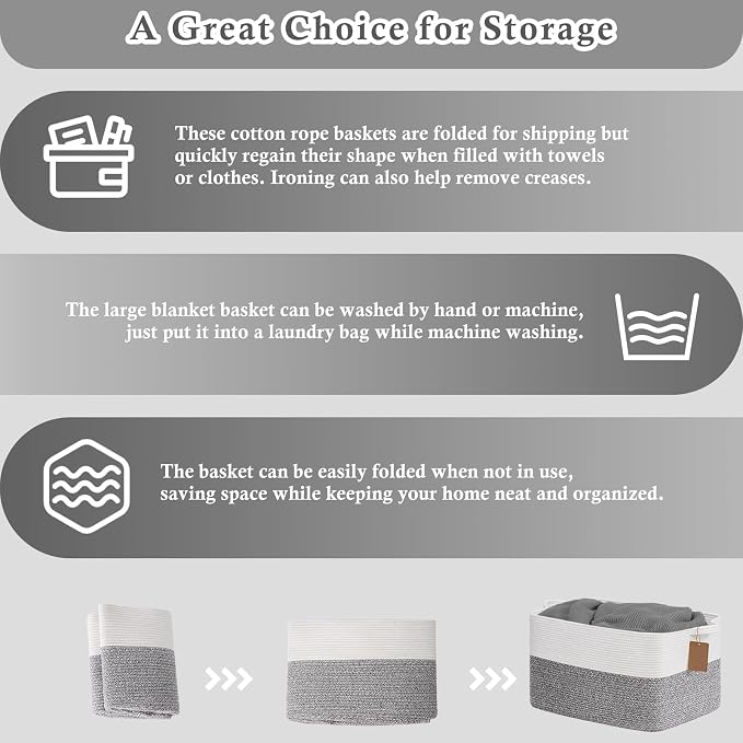 Goodpick 75L Extra Large Woven Rope Blanket Basket, Light Gray | 22" × 17" × - Image 7