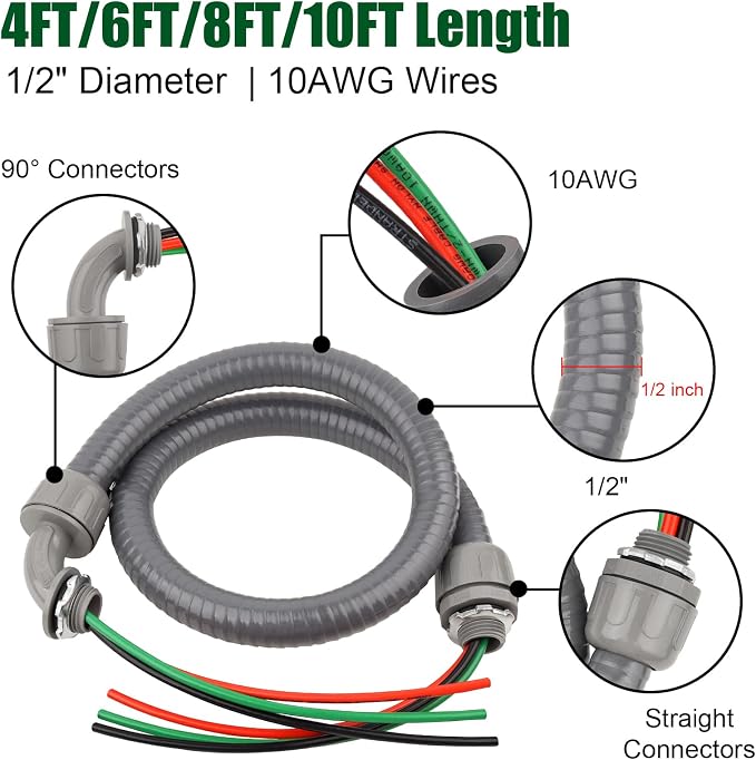 12FT Liquid-Tight Conduit Kit, 1/2" Pre-Wired Electrical Whip - Image 5