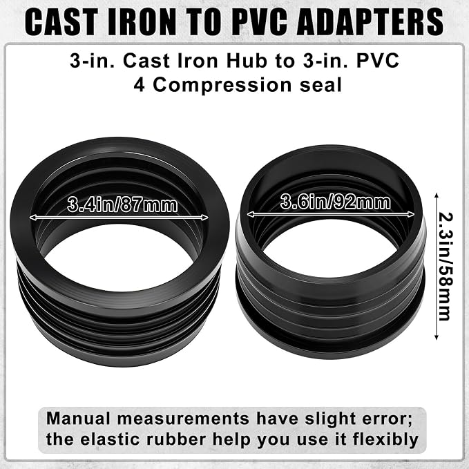 4 Pack 3'' to 3'' Cast Iron Hub to PVC Adapter Sewer Pipe Repair Kit Flexible - Image 2