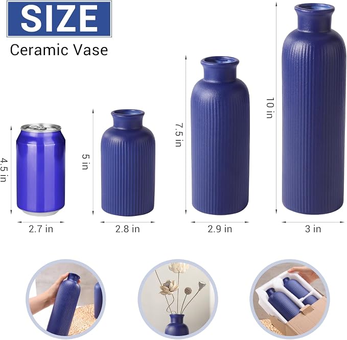 Small Navy Blue Ceramic Vase Set of 3, Boho Modern Navy Blue Flower Vase Room - Image 3
