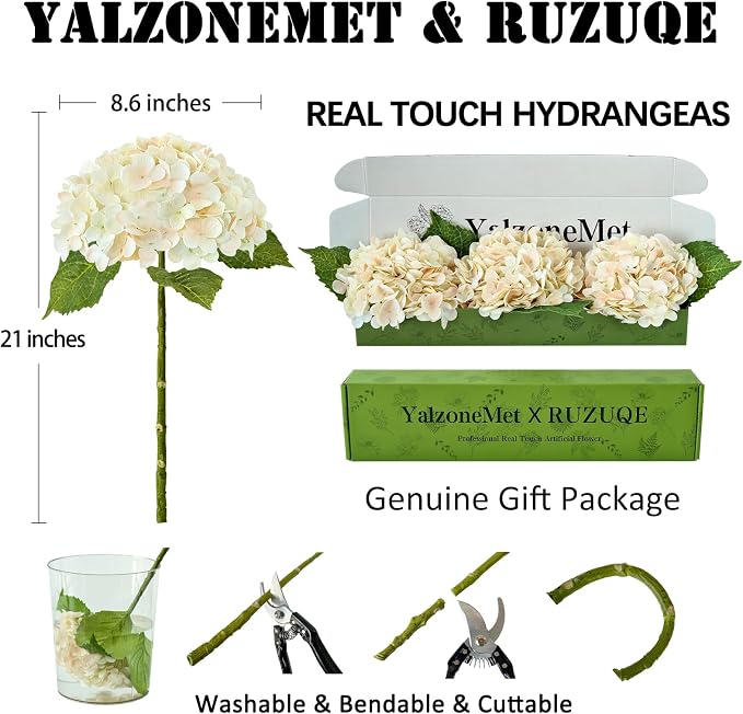 YalzoneMet 3 PCS Champagne Pink Hydrangea Artificial Flowers 21 inches Real - Image 5