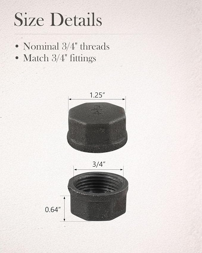 10 Pcs 3/4" Black Malleable Iron Threaded Pipe Caps - Image 3