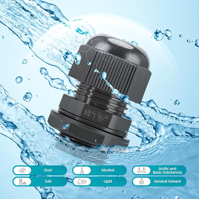 50 Pcs 1/2" NPT Cable Glands, IP68 Waterproof Adjustable Nylon Strain Relief - Image 2
