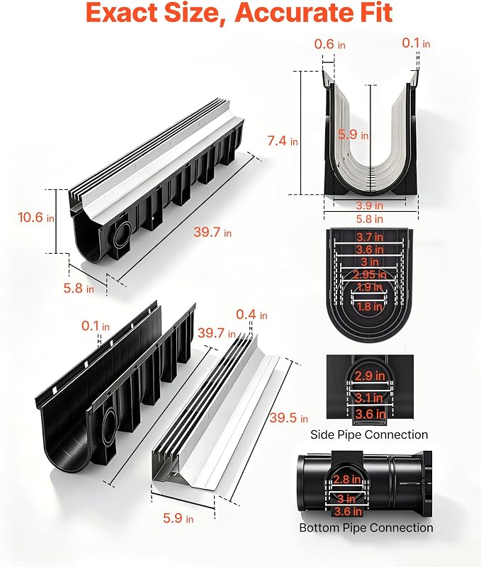 VEVOR Trench Drain, 39.7 x 5.8 x 10.6 in, 3 Pack Linear Drainage Channel - Image 2