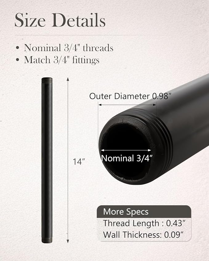 10 Pack 3/4 x 14 Inch Black Malleable Steel Pipe Nipples | Threaded pipe - Image 3