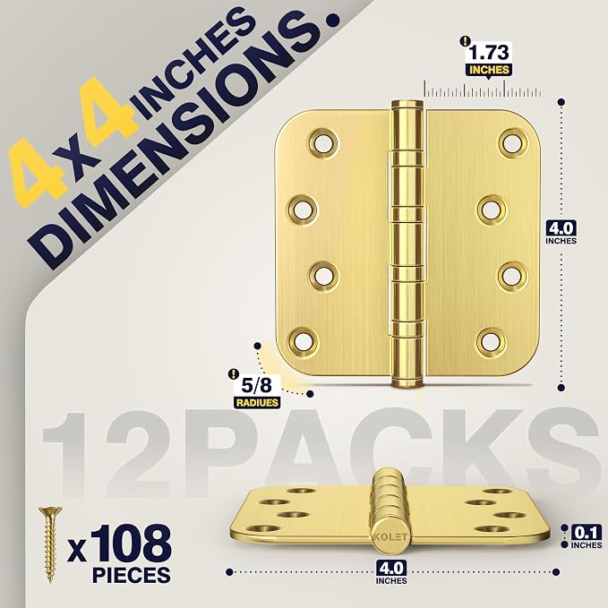 KOLET 4 Inch Brushed Gold Ball Bearing Door Hinges 5/8'' Radius 12 Pack | - Image 2