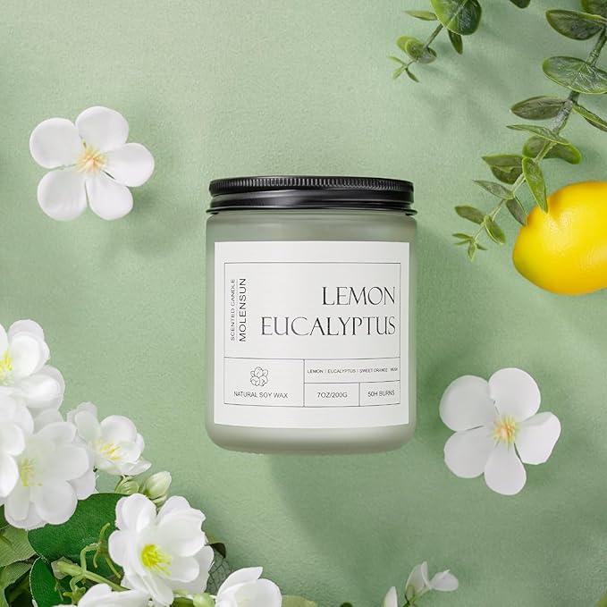Molensun Lemon Eucalyptus Scented Candle, Soy Wax 7 oz | Bright lemon - Image 4
