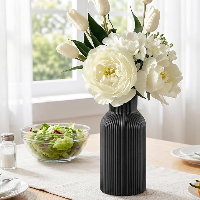 Black Ceramic Tall Vase, Modern Smooth Vertical Ribbed, Nordic Minimalist - Image 6