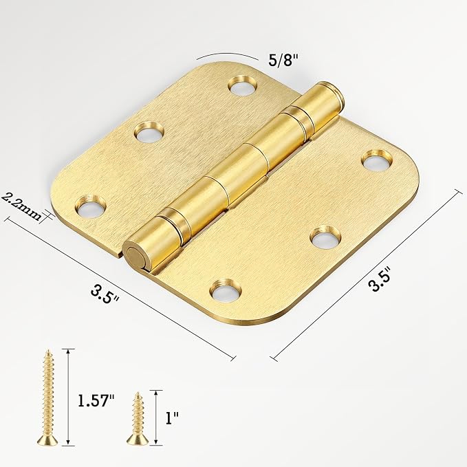TDCHINGES Rounded Door Hinges Brushed Brass 3.5 Inch 5/8" Gold Lasting Mute | 6 - Image 6