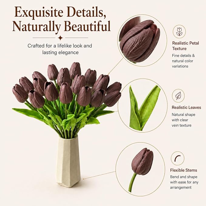 Mandy's 20pcs Artificial Brown Tulips | 13.5 Inch Lifelike PU Tulips Faux - Image 4