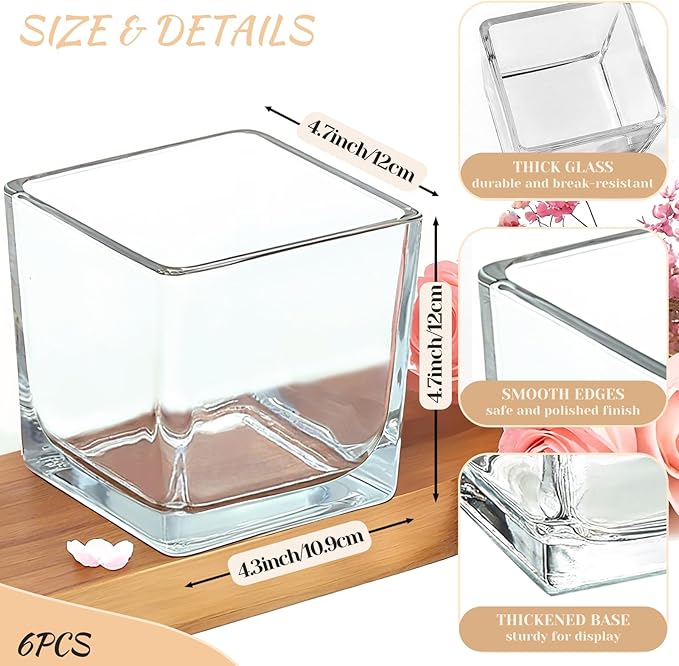 CONNOO 6 Pack 5" x 5" x 5" Clear Square Glass Vase - Image 2
